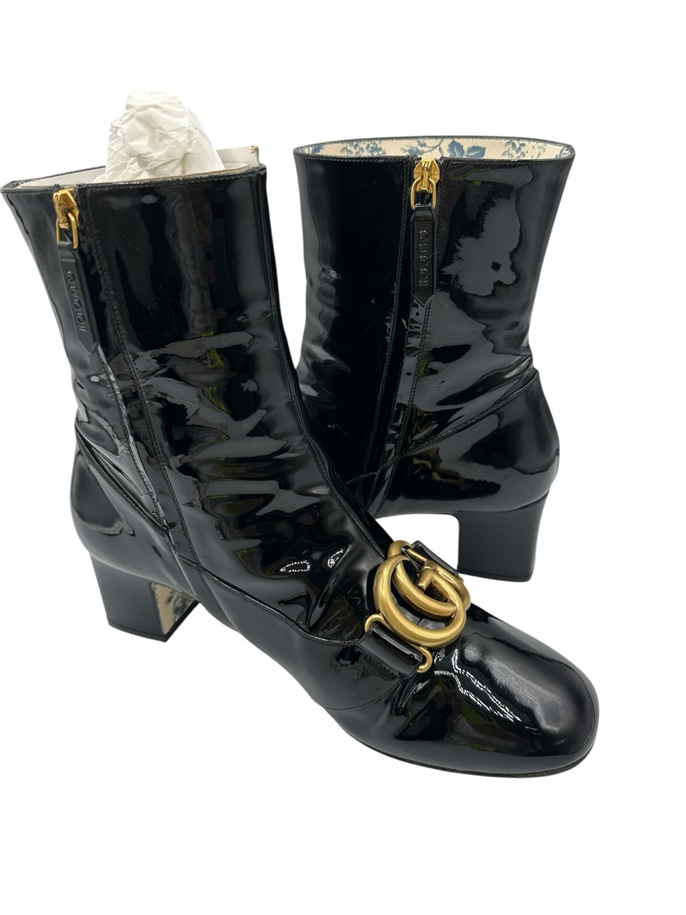 Gucci Black Patent Mid-Calf Boots with Gold Double G - Picture 11 of 13
